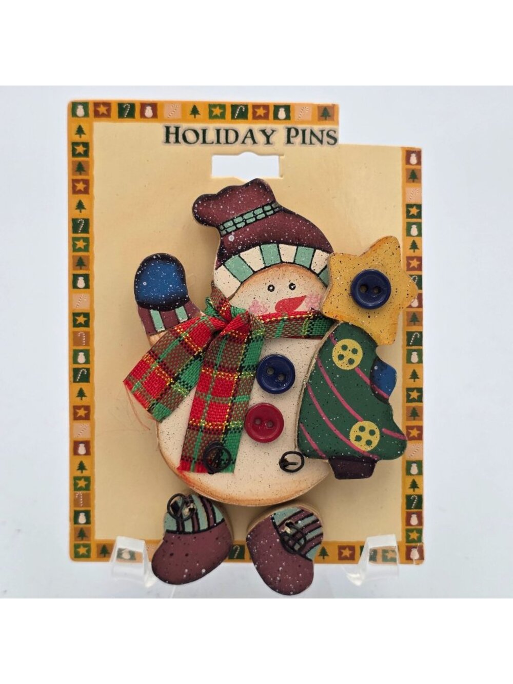Holiday Snowman Wooden Pin Plaid Scarf Buttons And Christmas Tree Accent 3"